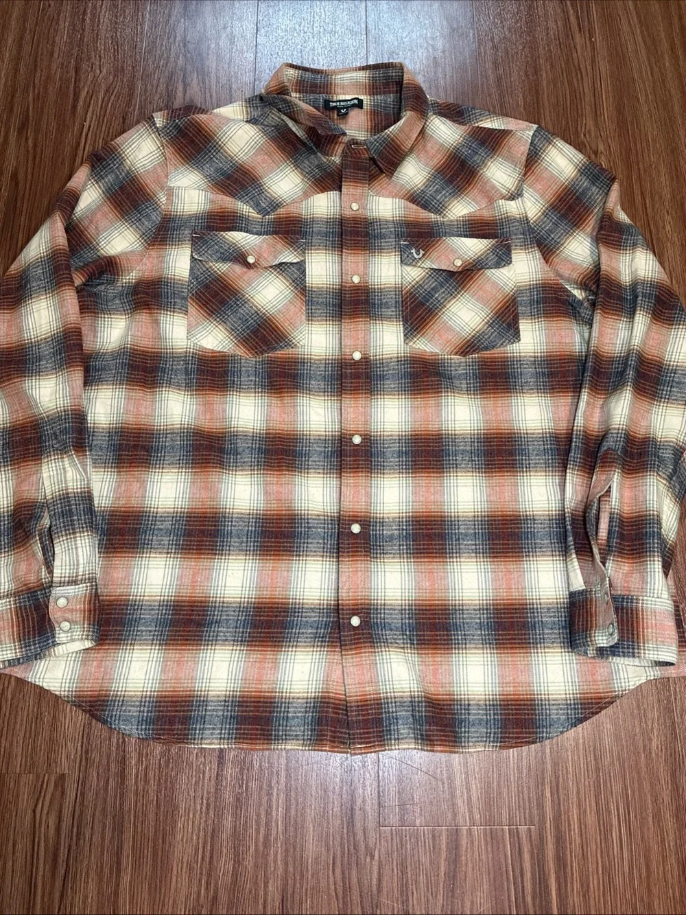 True Religion Brown Plaid Flannel Western Shirt Snap Pockets 3XL